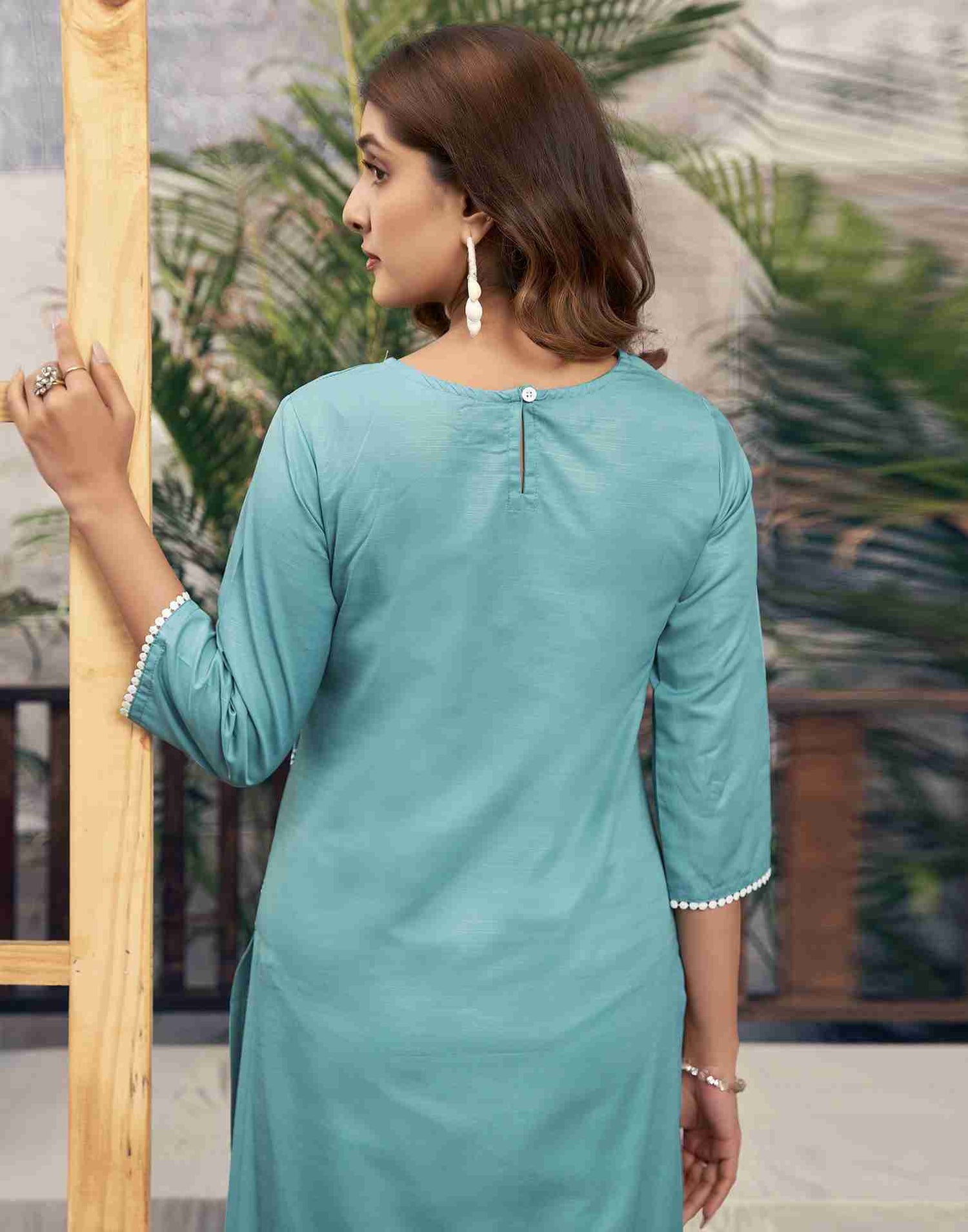 Turquoise Embroidery Rayon Straight Kurta