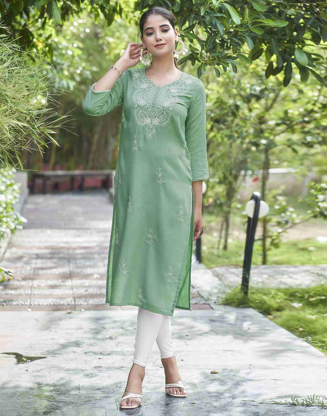 Pista Green Embroidery Cotton Straight Kurta