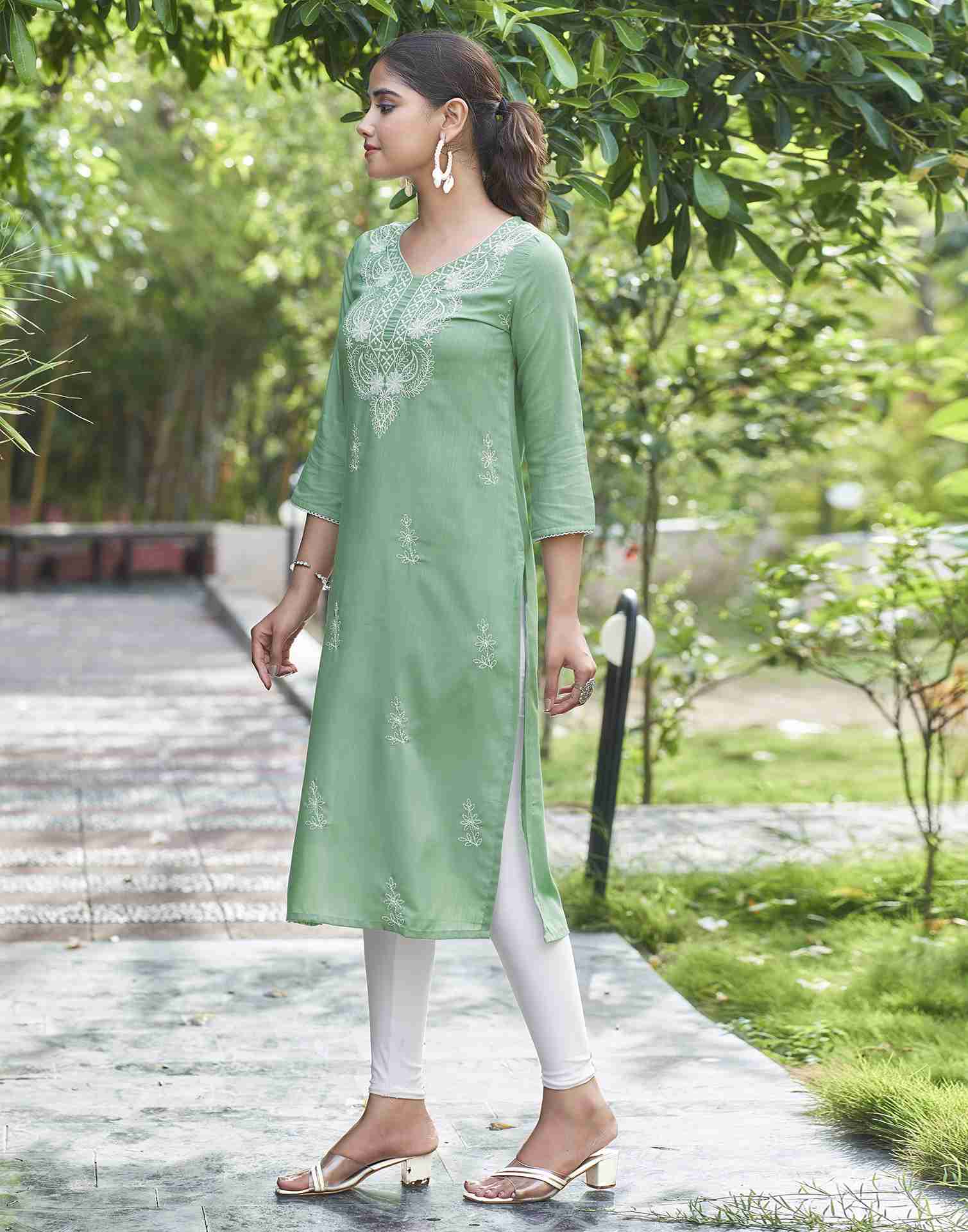 Pista Green Embroidery Cotton Straight Kurta