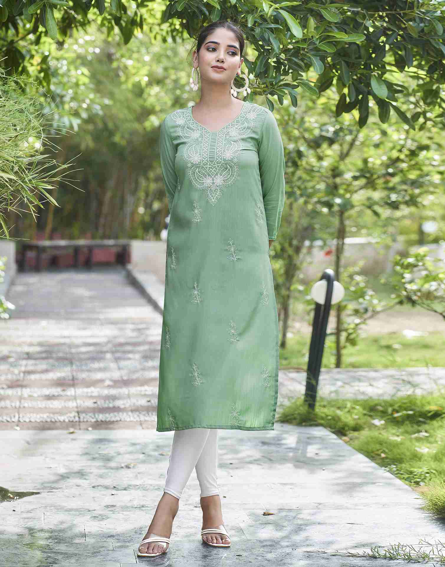 Pista Green Embroidery Cotton Straight Kurta