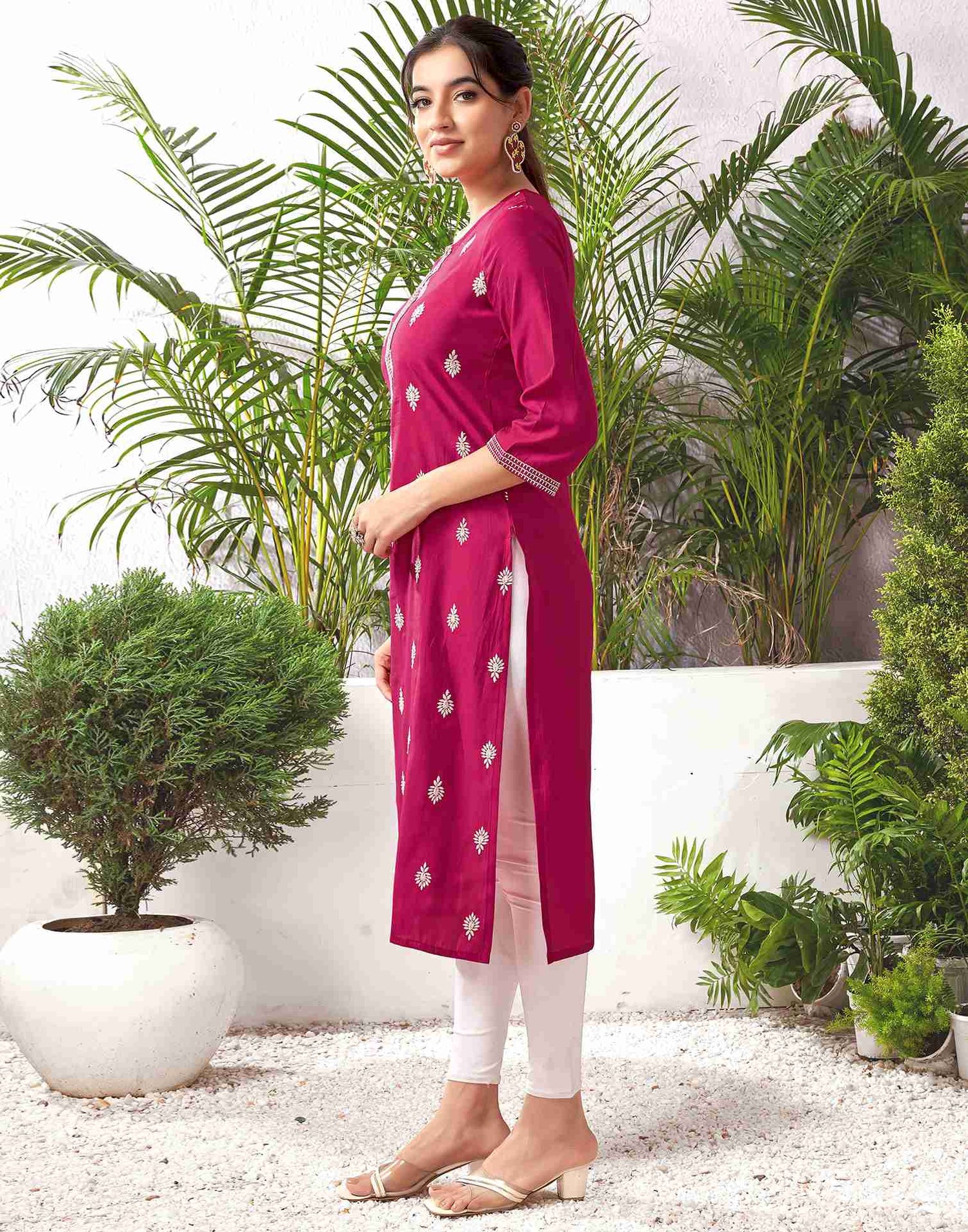 Dark Pink Silk Embroidery Straight Kurta