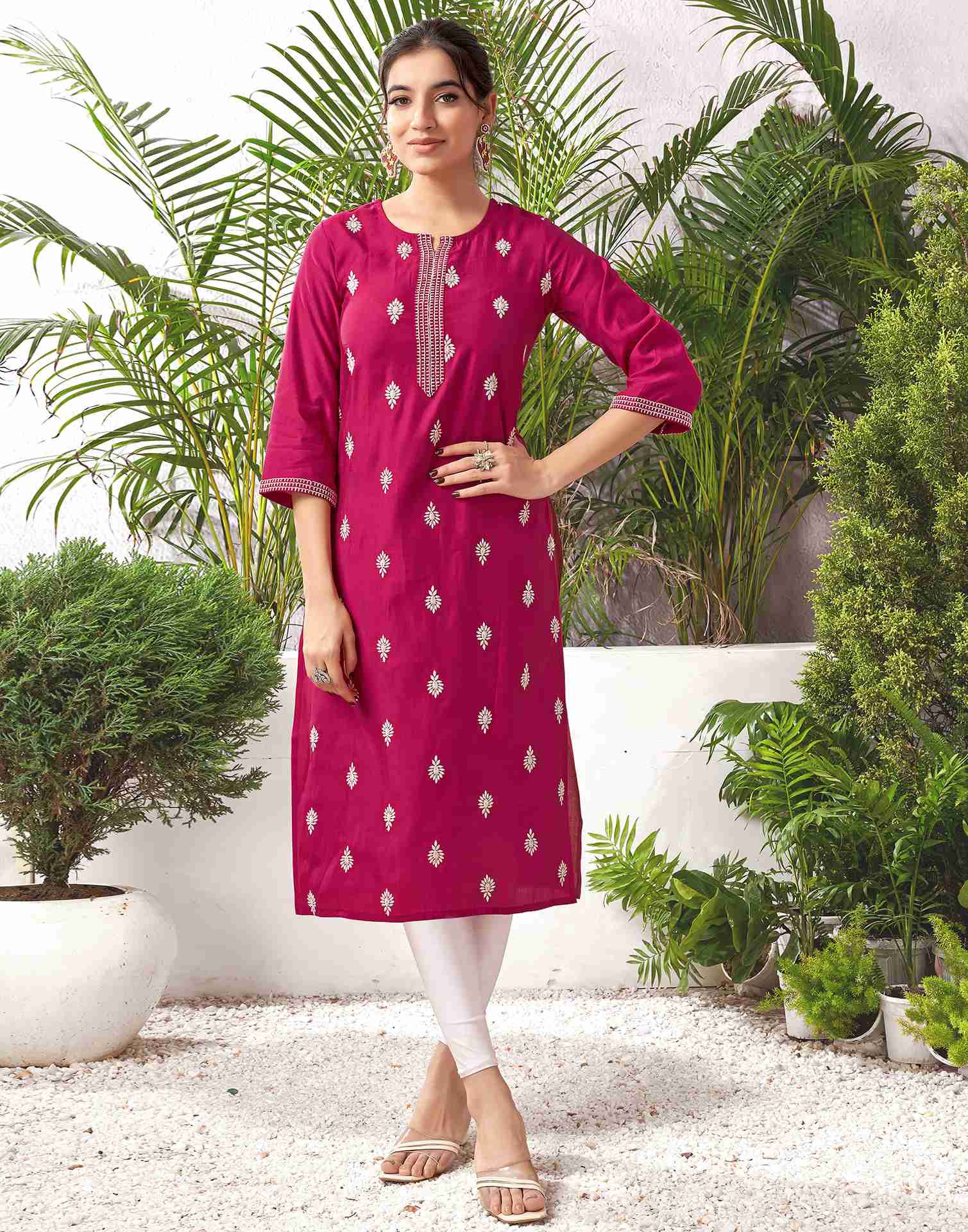 Dark Pink Silk Embroidery Straight Kurta