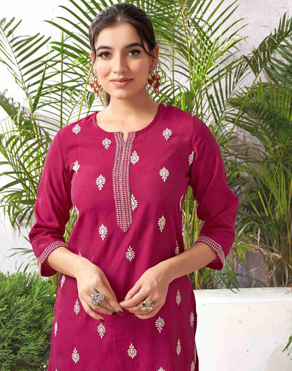 Dark Pink Silk Embroidery Straight Kurta