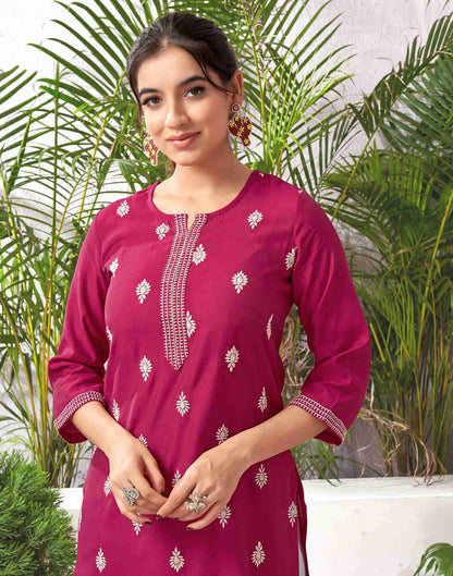 Dark Pink Silk Embroidery Straight Kurta