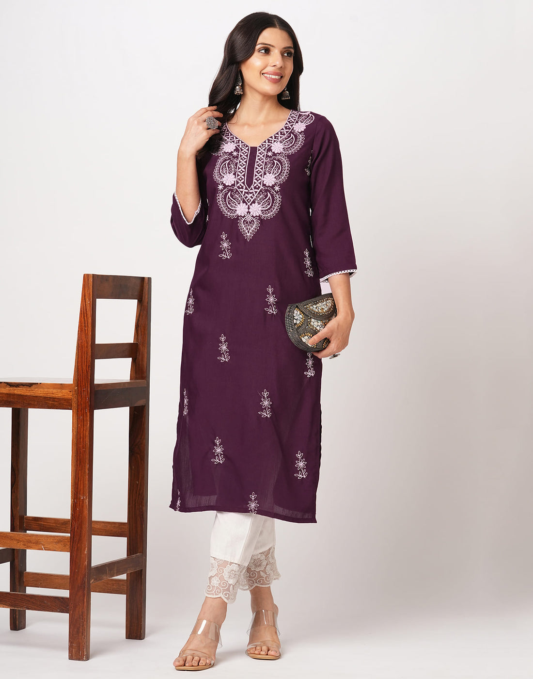 Wine Cotton Embroidery Straight Kurti