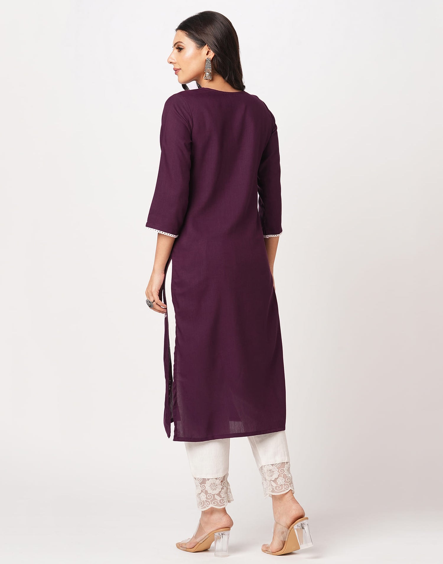 Wine Cotton Embroidery Straight Kurti