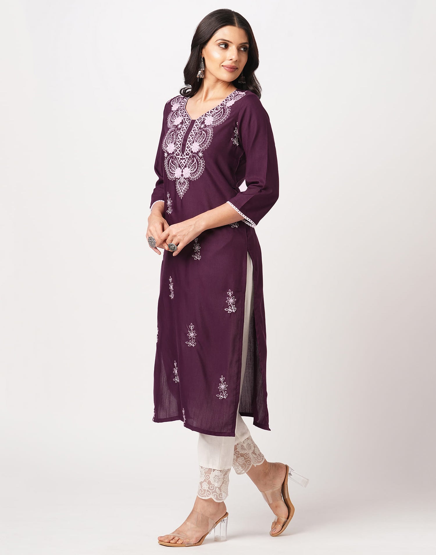 Wine Cotton Embroidery Straight Kurti