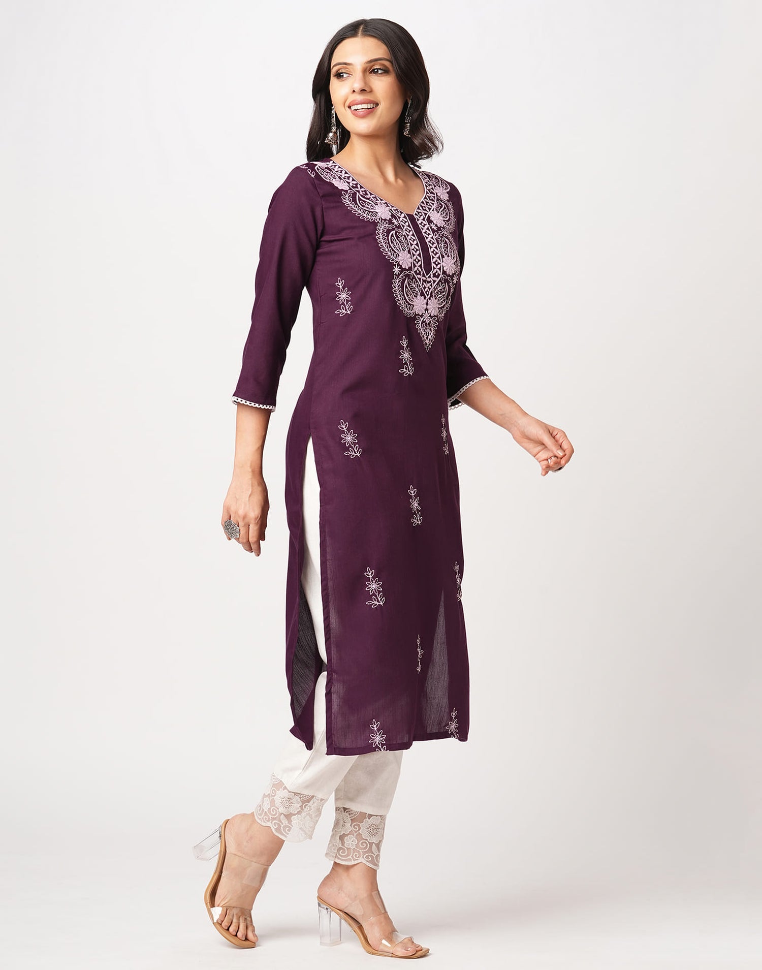 Wine Cotton Embroidery Straight Kurti