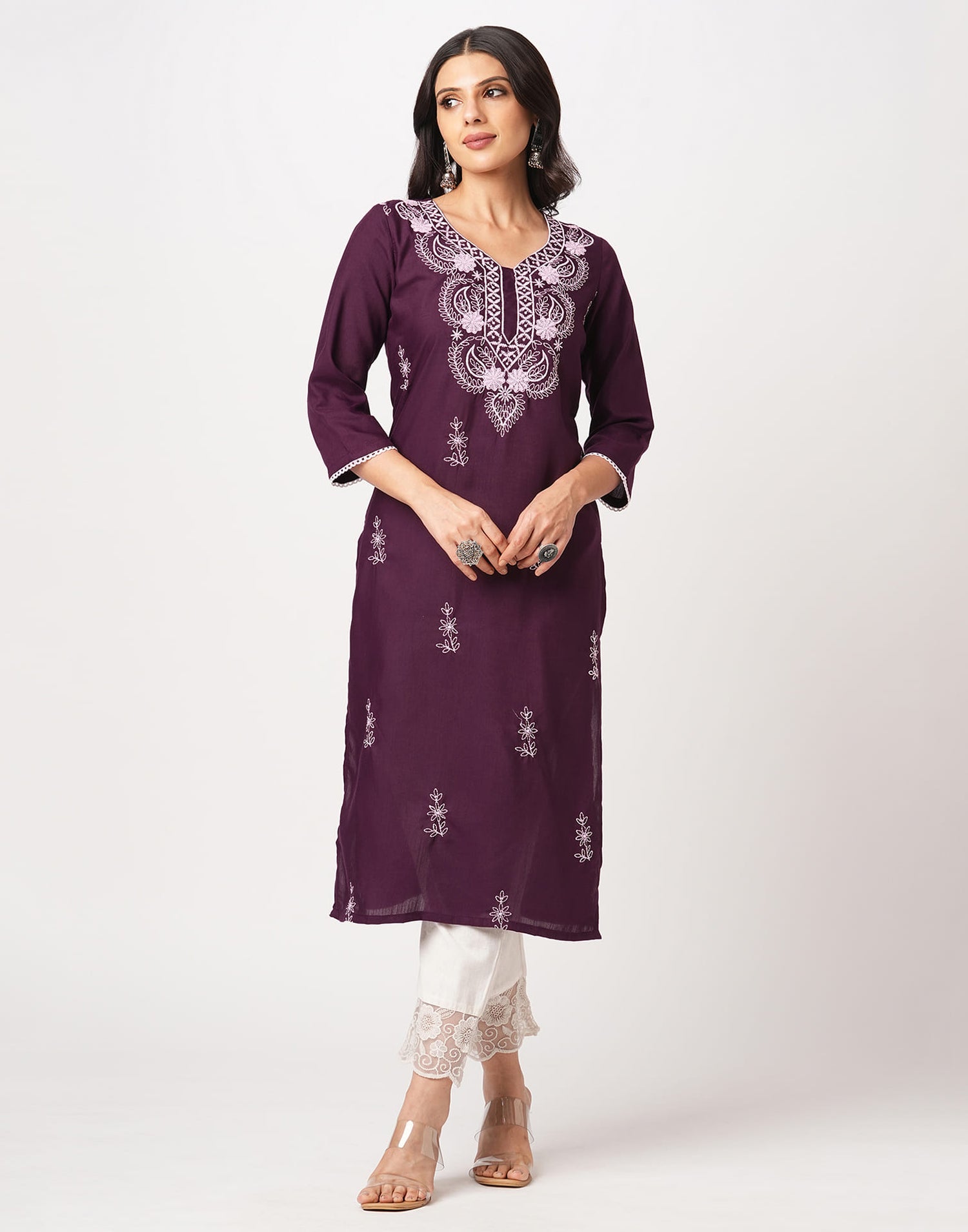 Wine Cotton Embroidery Straight Kurti