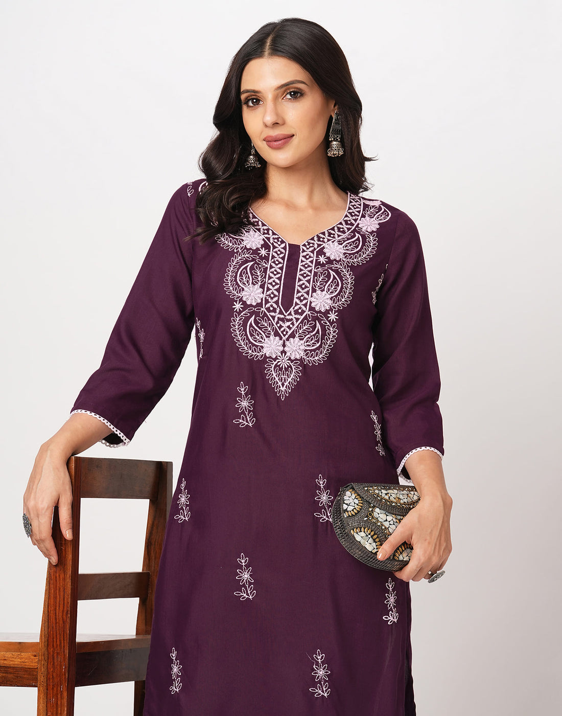 Wine Cotton Embroidery Straight Kurti