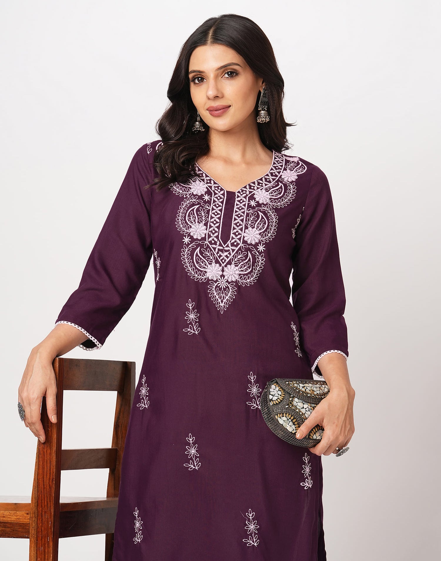 Wine Cotton Embroidery Straight Kurti