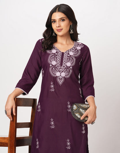 Wine Cotton Embroidery Straight Kurti