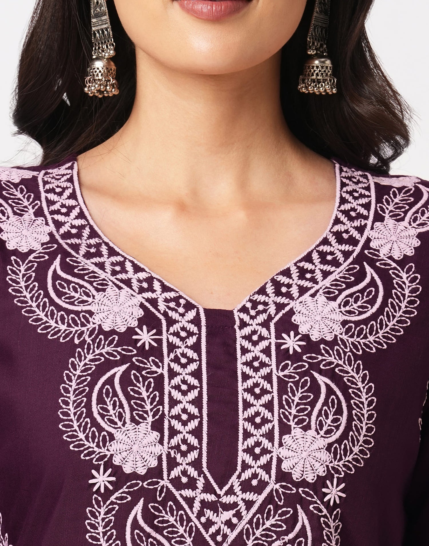 Wine Cotton Embroidery Straight Kurti