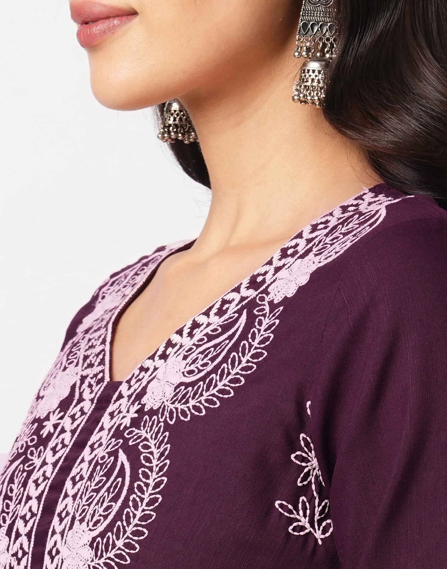 Wine Cotton Embroidery Straight Kurti