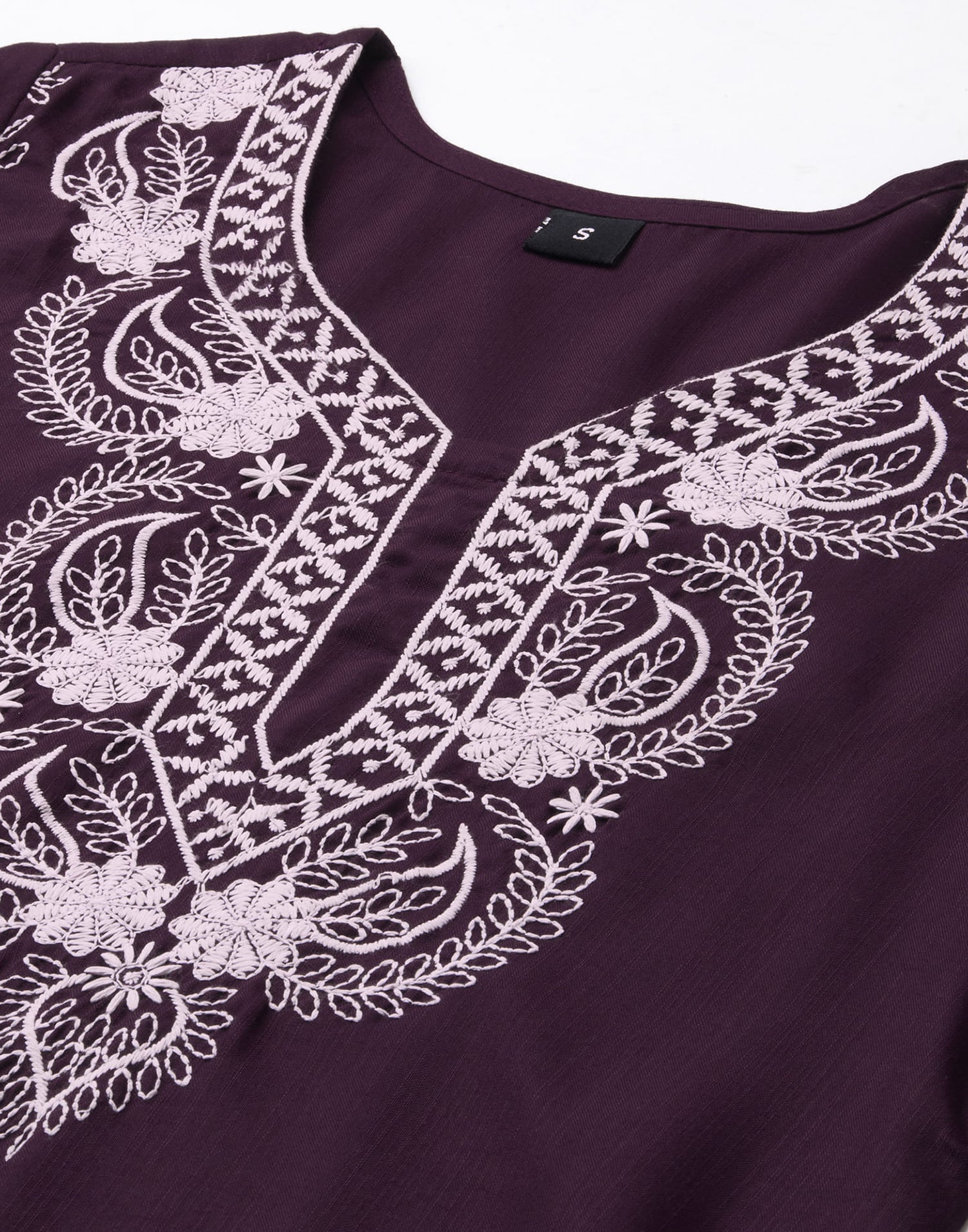 Wine Cotton Embroidery Straight Kurti