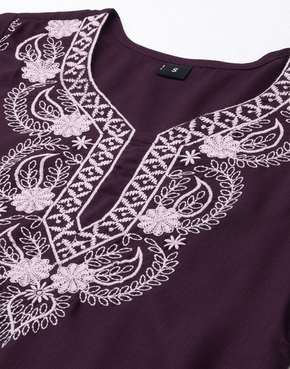 Wine Cotton Embroidery Straight Kurti