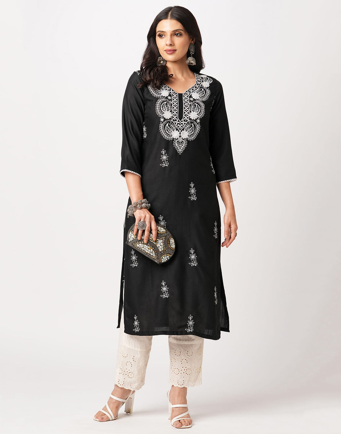 Black Cotton Embroidery Straight Kurti