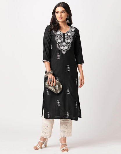 Black Cotton Embroidery Straight Kurti