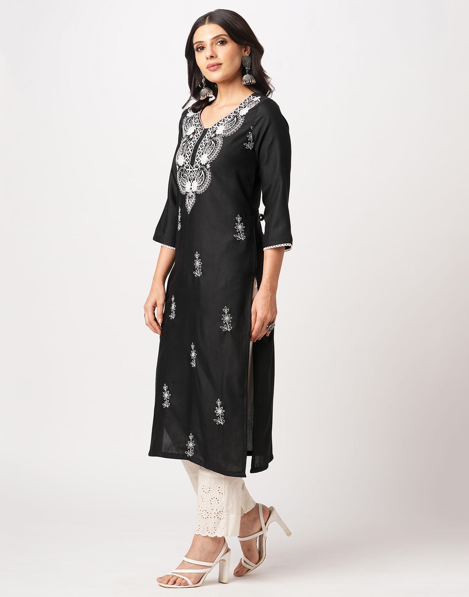 Black Cotton Embroidery Straight Kurti