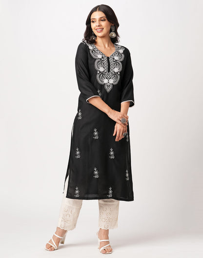 Black Cotton Embroidery Straight Kurti