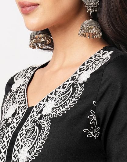 Black Cotton Embroidery Straight Kurti