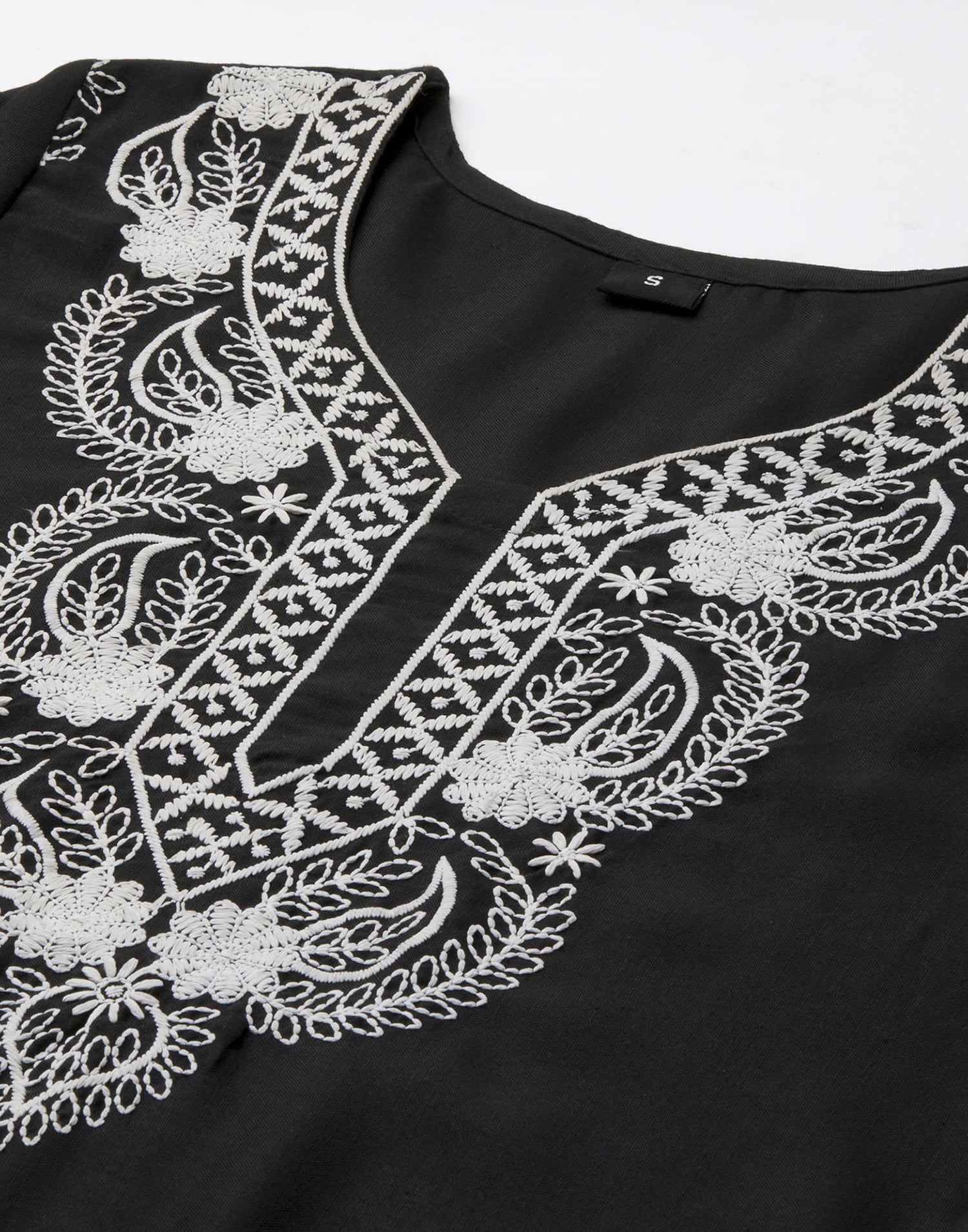 Black Cotton Embroidery Straight Kurti