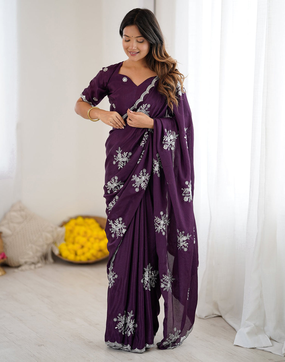 Wine Chinnon Sequence Embroidery Saree