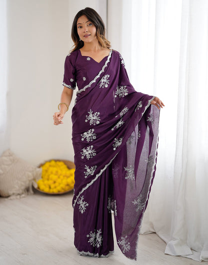 Wine Chinnon Sequence Embroidery Saree