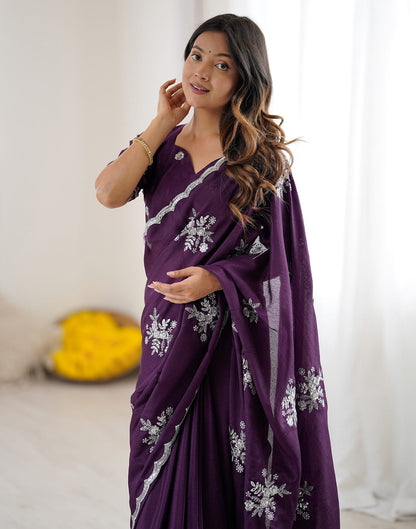 Wine Chinnon Sequence Embroidery Saree