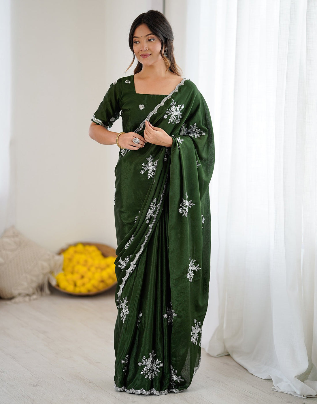 Mehndi Green Chinnon Sequence Embroidery Saree