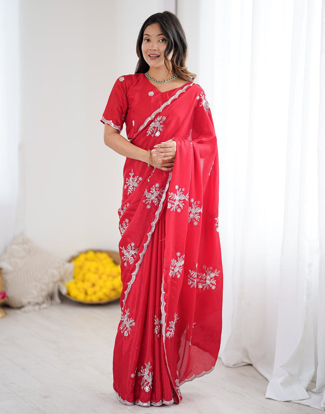Red Chinnon Sequence Embroidery Saree