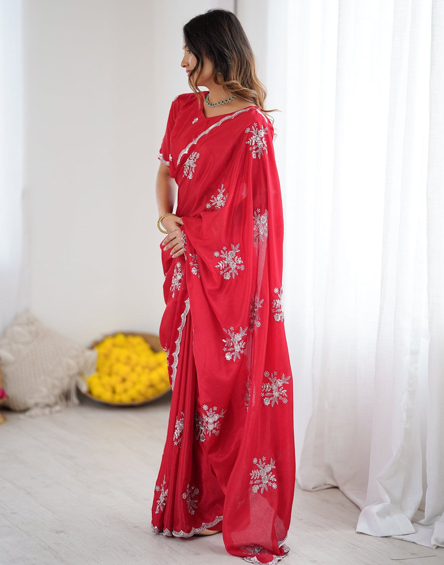 Red Chinnon Sequence Embroidery Saree