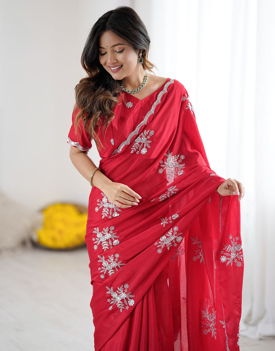 Red Chinnon Sequence Embroidery Saree
