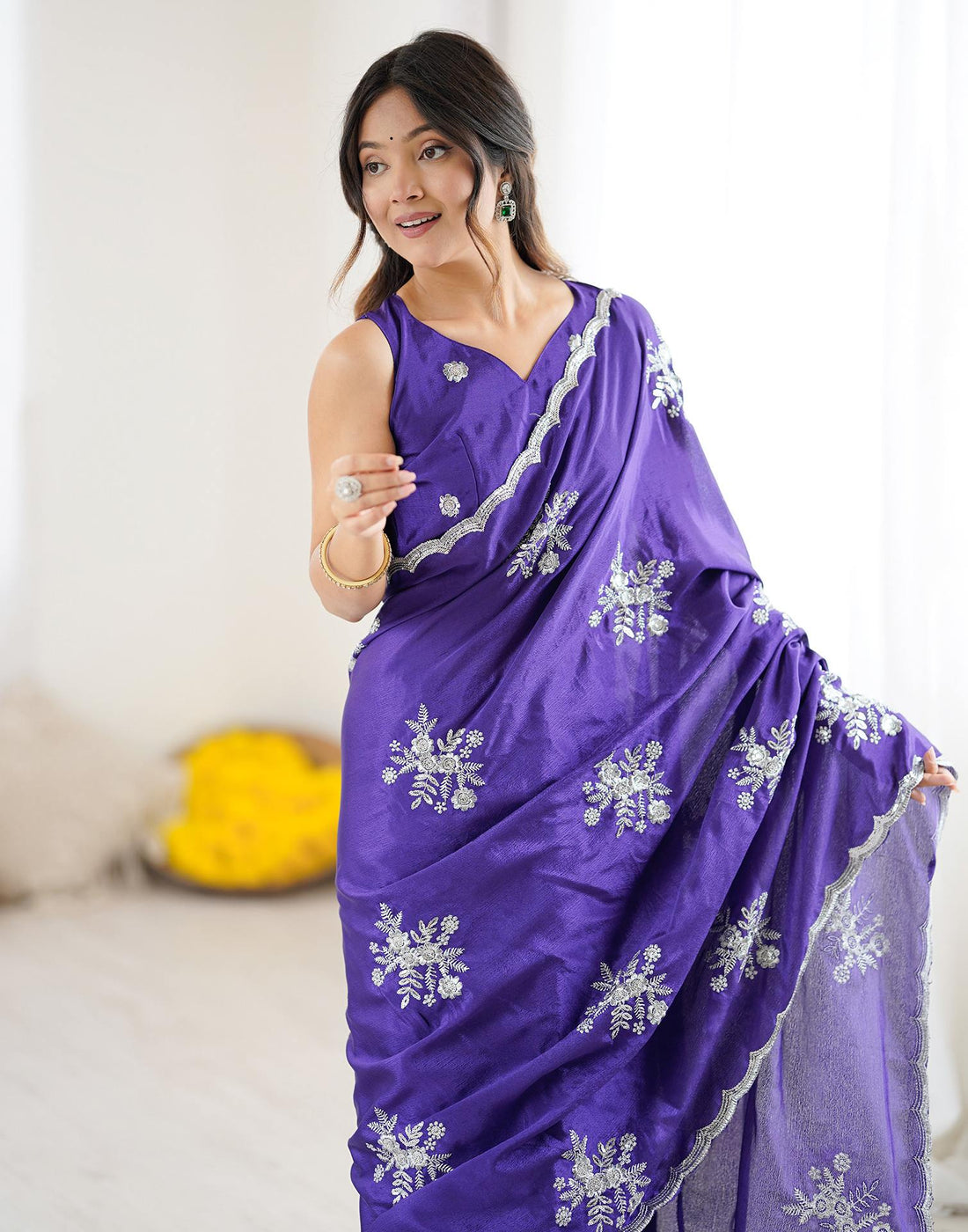 Dark Purple Chinnon Sequence Embroidery Saree