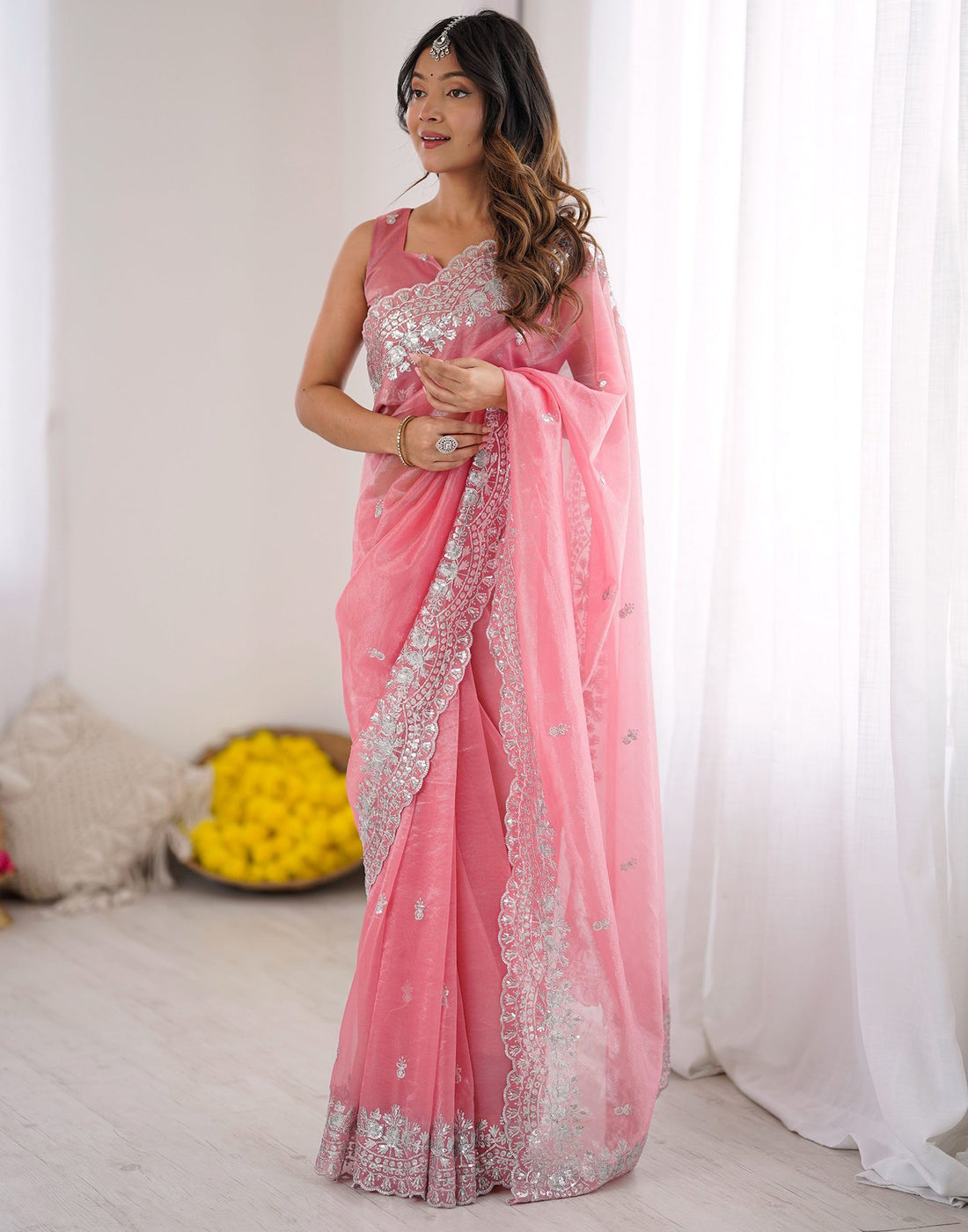 Rose Pink Net Sequence Embroidery Saree