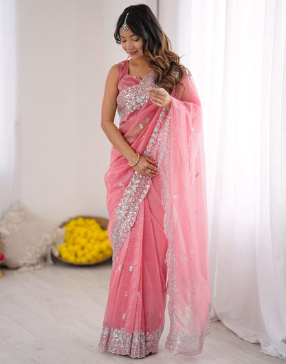 Rose Pink Net Sequence Embroidery Saree