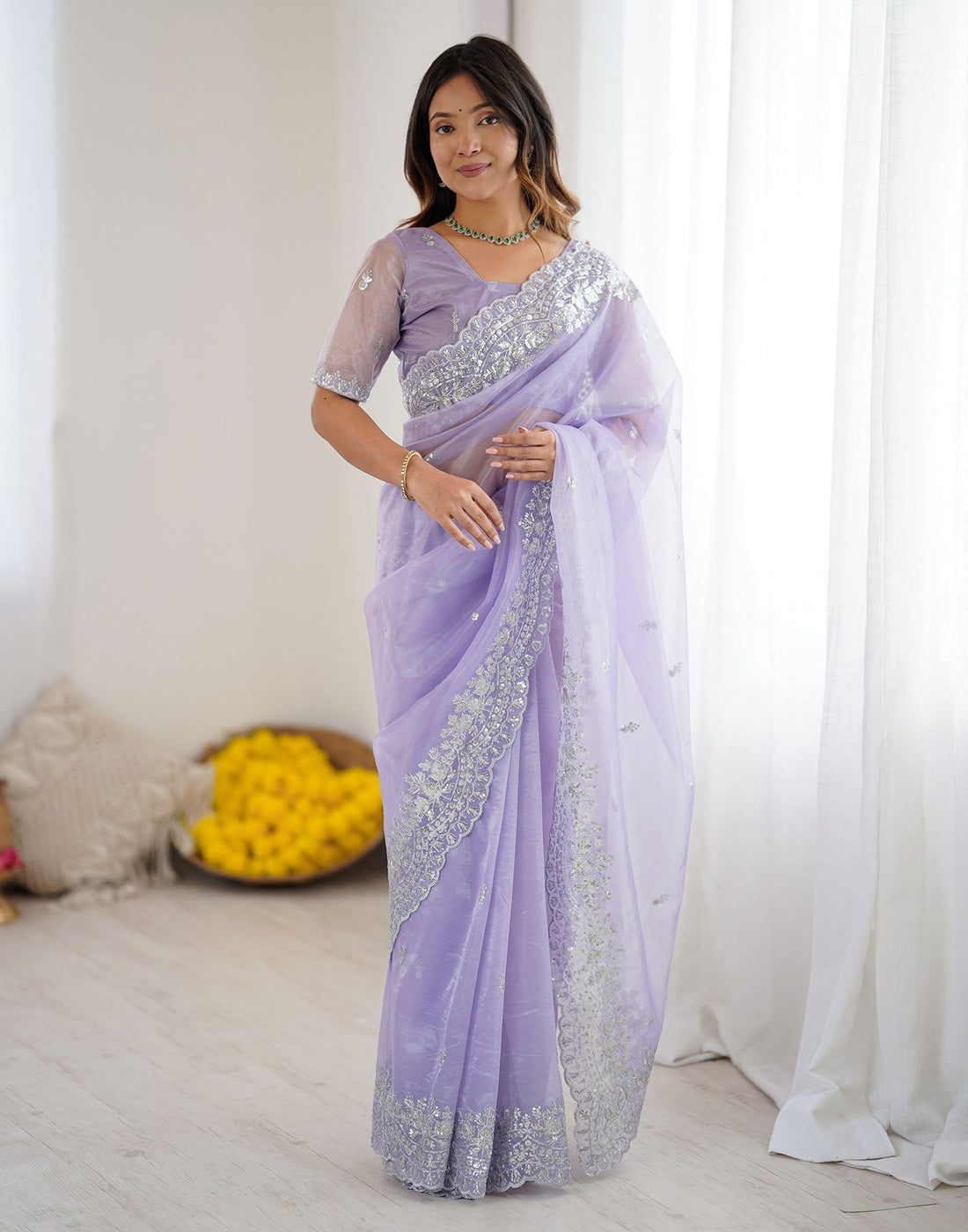 Lavender Net Sequence Embroidery Saree