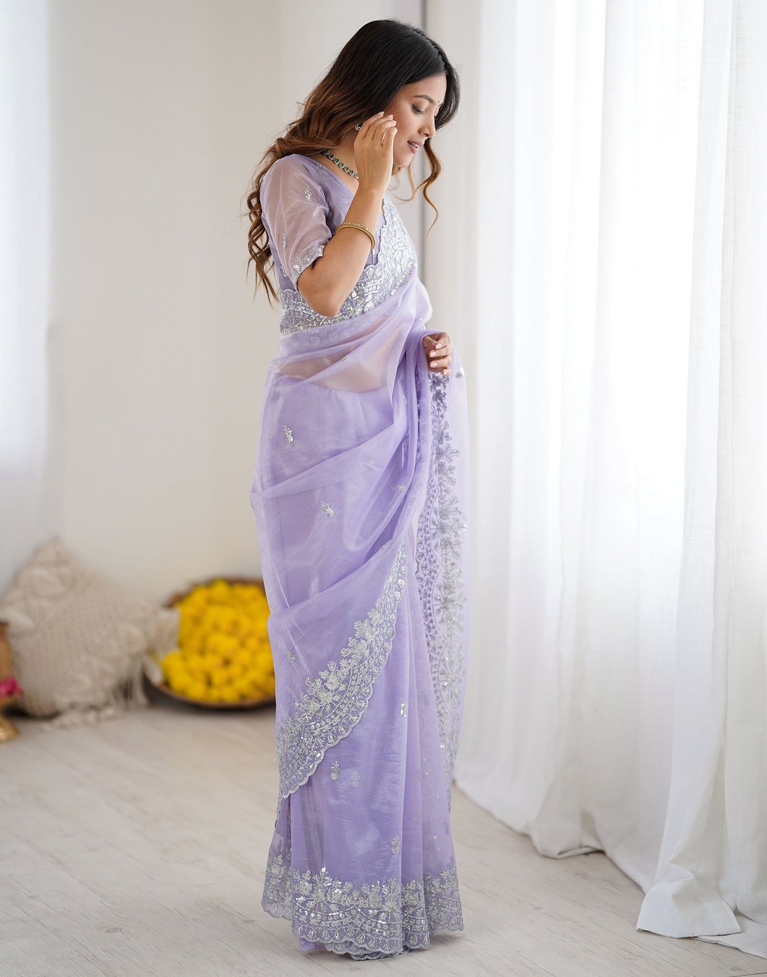 Lavender Net Sequence Embroidery Saree
