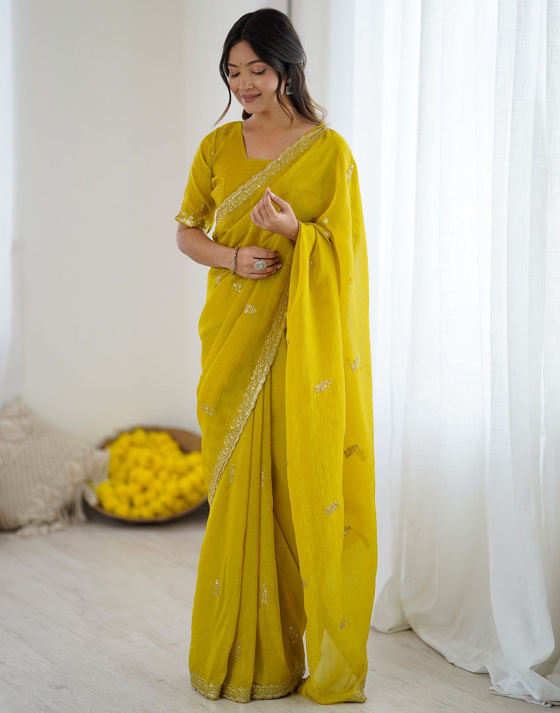 Lime Yellow Tissue Silk Sequence Embroidery Saree