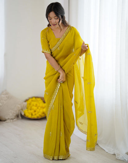 Lime Yellow Tissue Silk Sequence Embroidery Saree