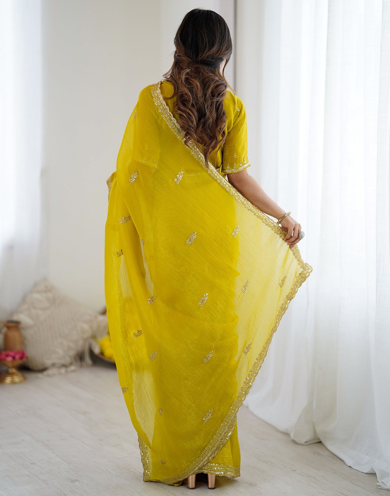 Lime Yellow Tissue Silk Sequence Embroidery Saree