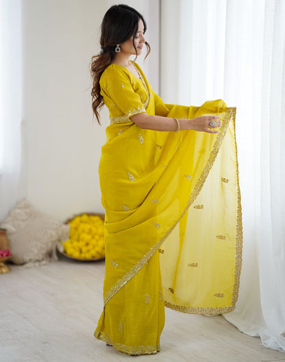Lime Yellow Tissue Silk Sequence Embroidery Saree