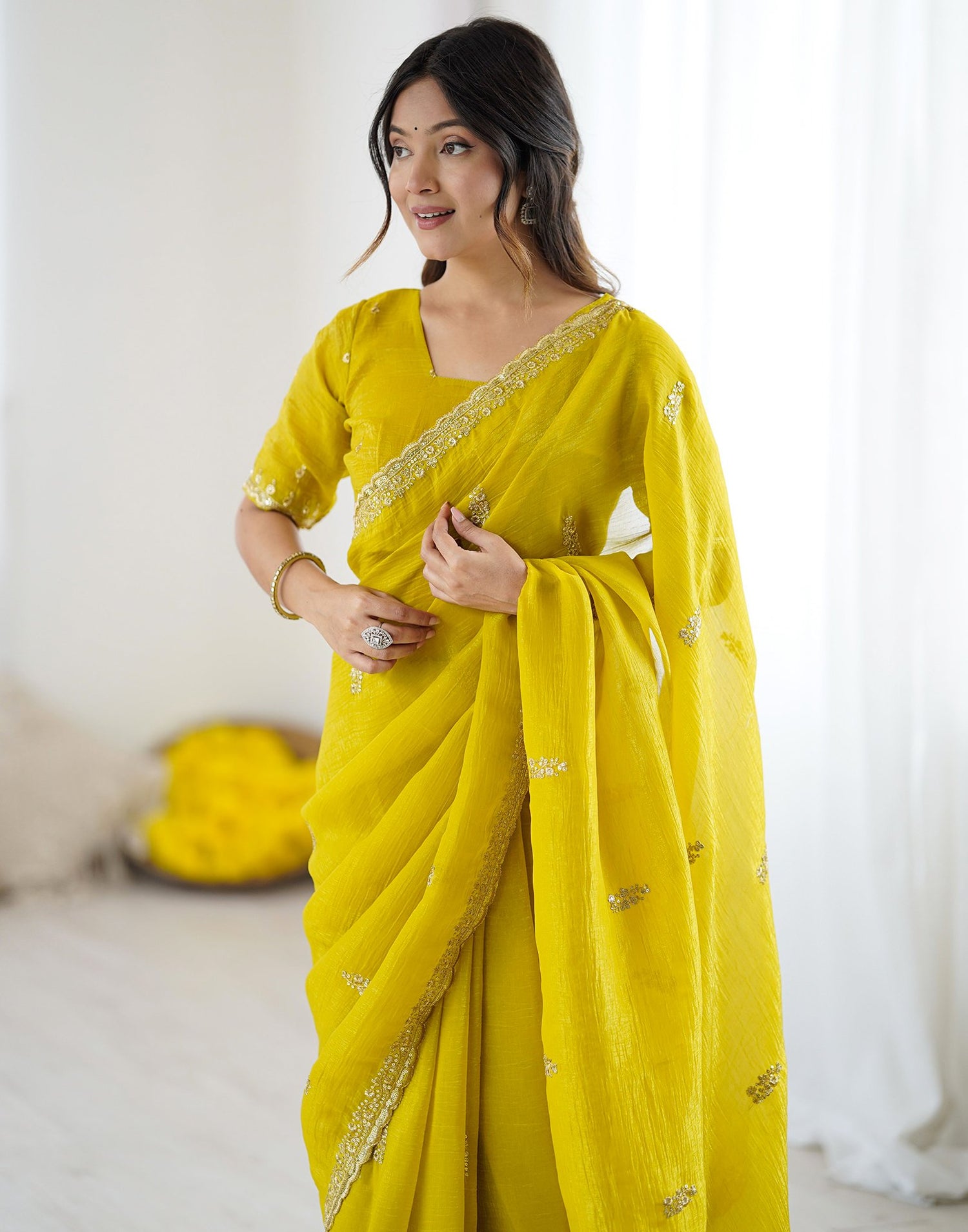 Lime Yellow Tissue Silk Sequence Embroidery Saree