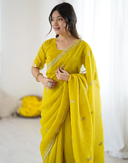 Lime Yellow Tissue Silk Sequence Embroidery Saree