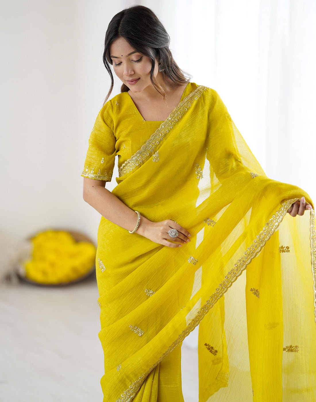 Lime Yellow Tissue Silk Sequence Embroidery Saree