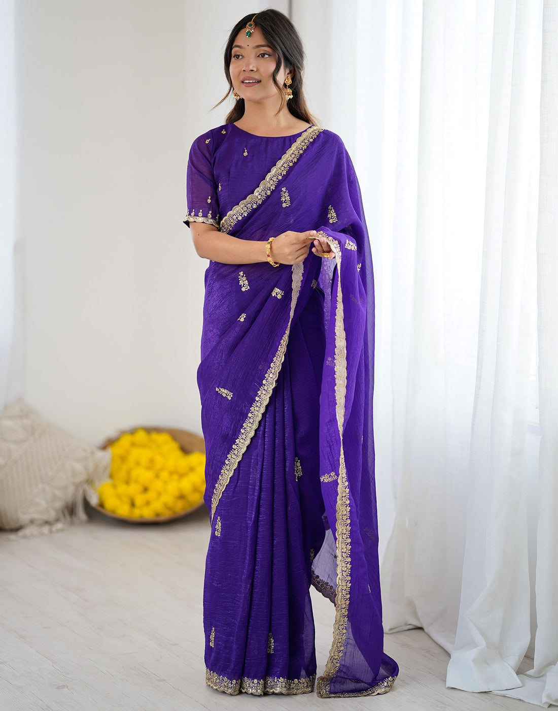 Dark Purple Tissue Silk Sequence Embroidery Saree