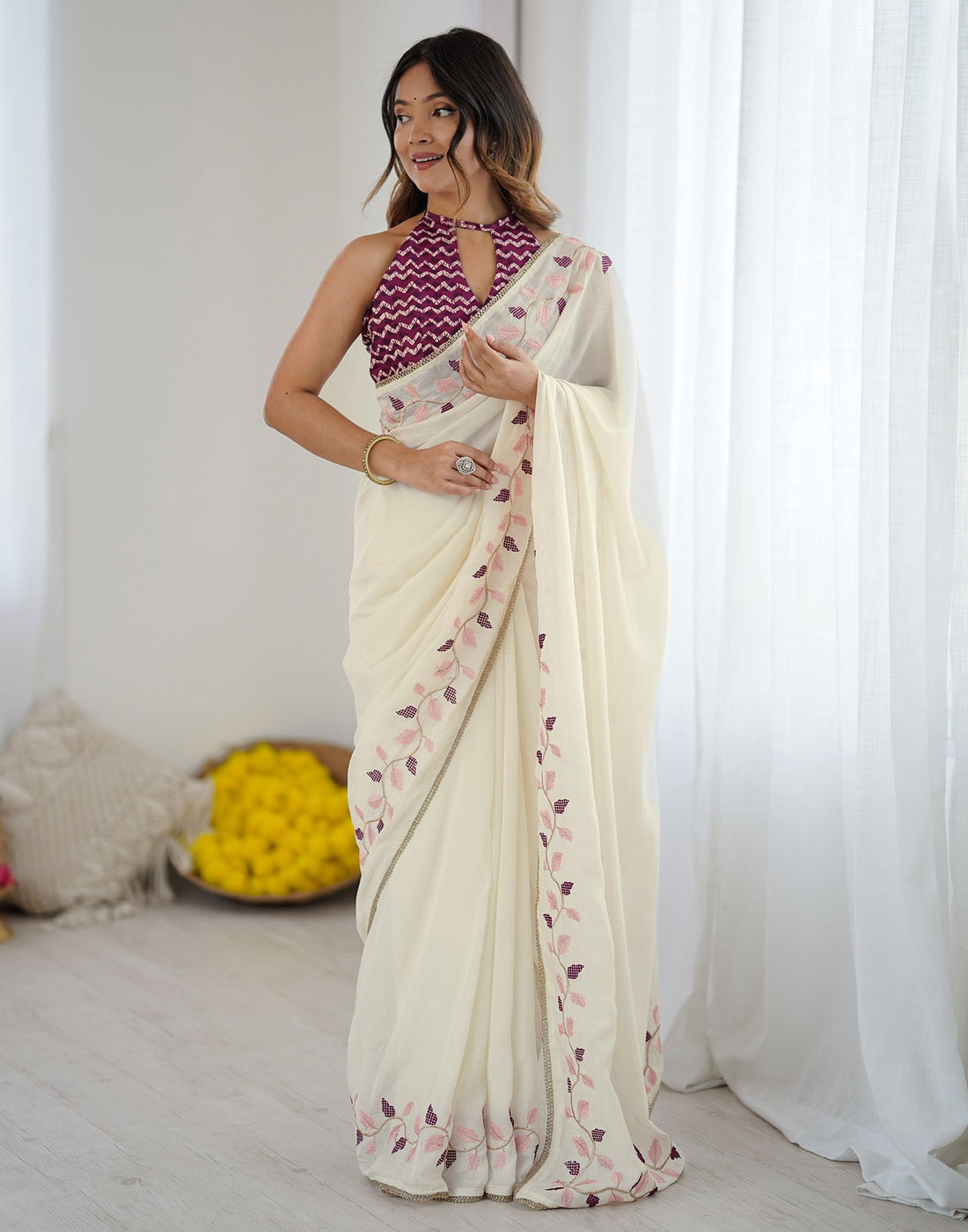 Off White Silk Embroidery Saree