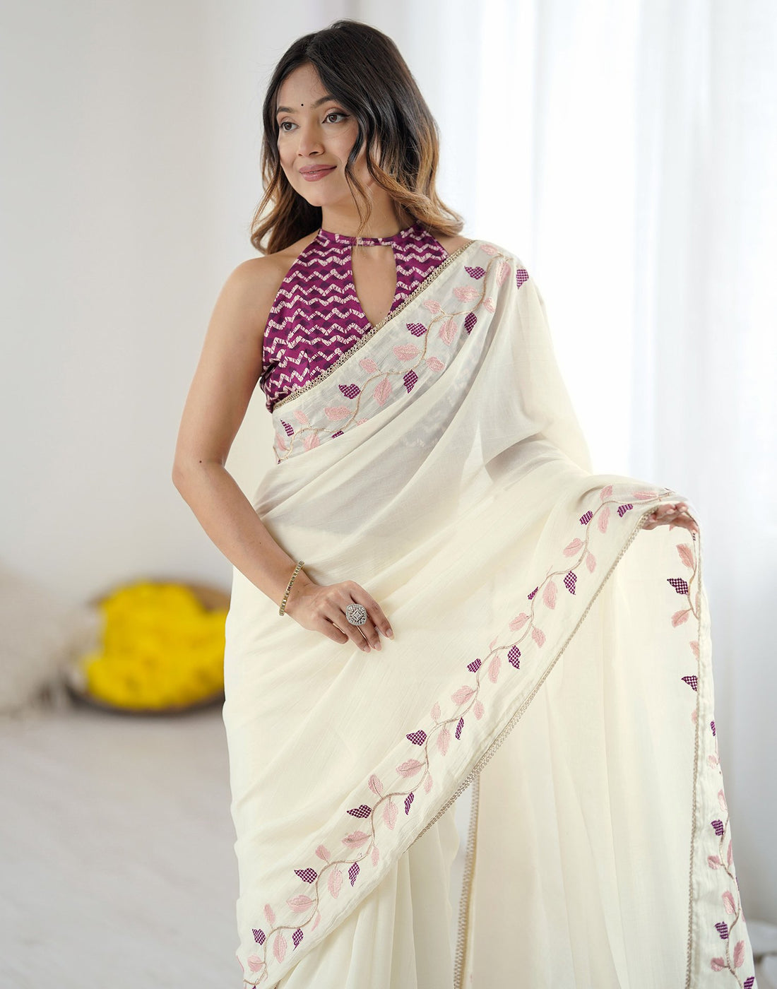 Off White Silk Embroidery Saree