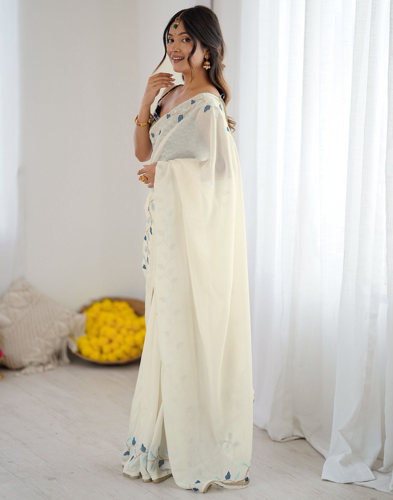 Off White Silk Embroidery Saree