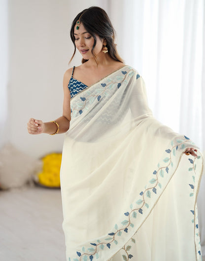 Off White Silk Embroidery Saree